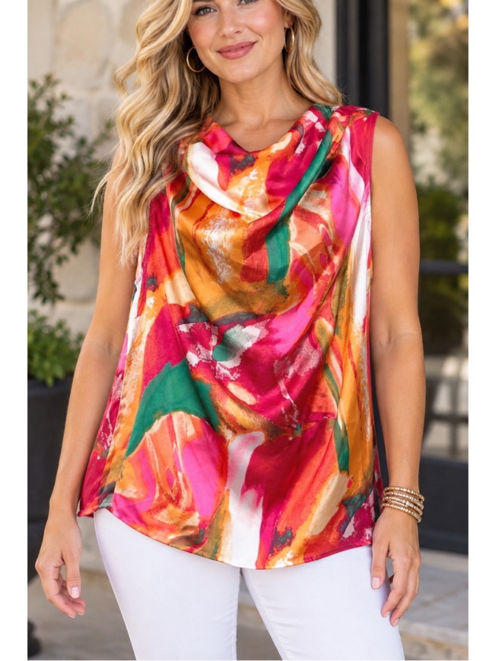 Emily Wonder brand women's pullover sleeveless blouse w/ drape-neck blouse